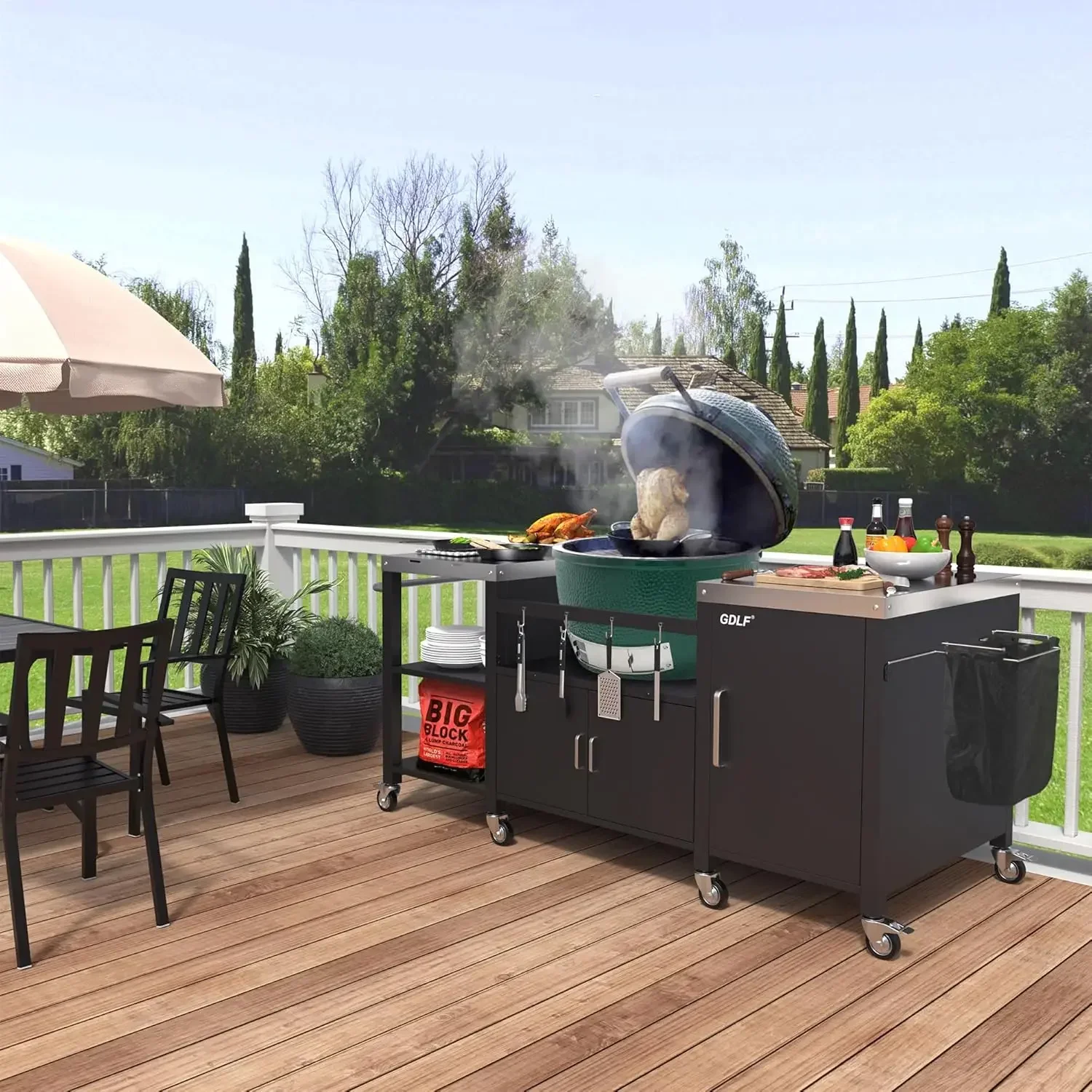 Outdoor Grill Table for Big Green Egg, Metal Grill Cart Compatible with XL Green Egg,Big Joe,Primo XL,Waterproof Cover Included