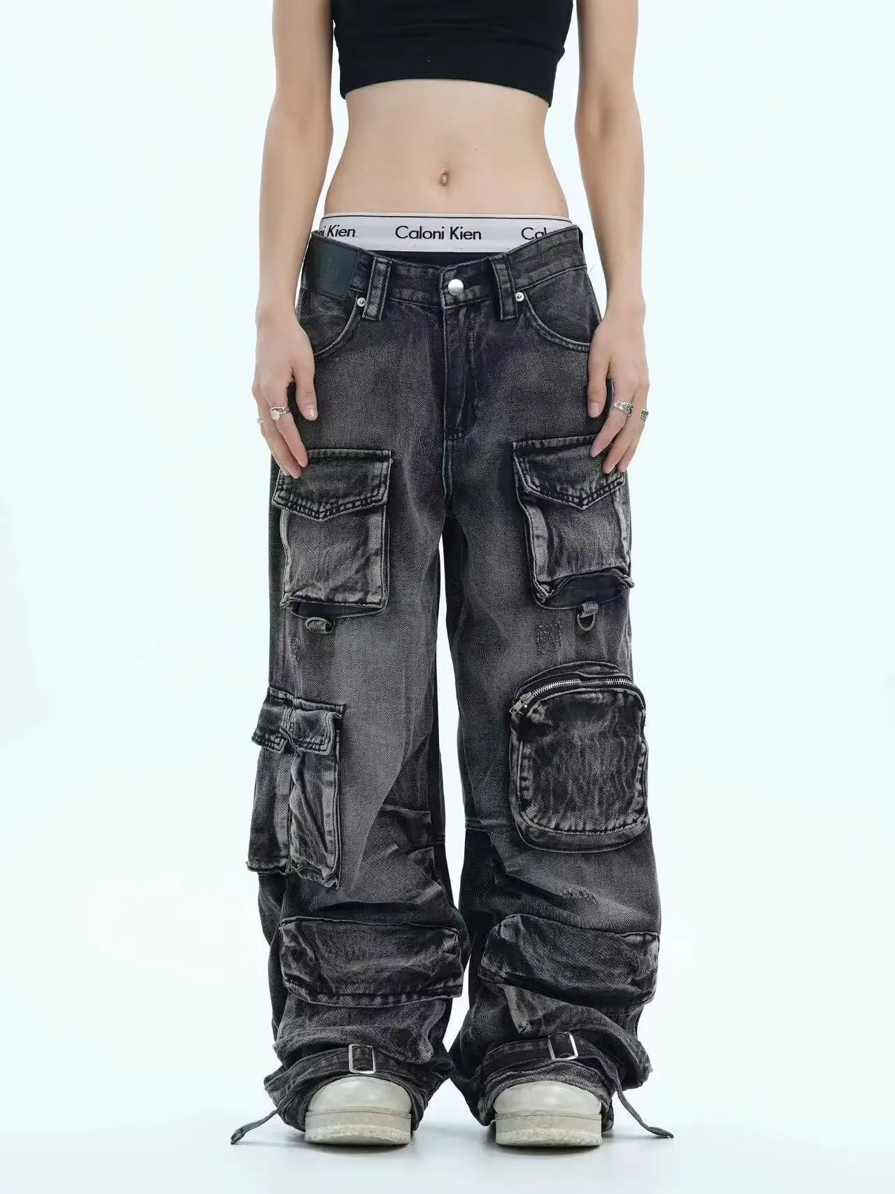 Women's Denim Trousers 2025 Autumn Winter Large Pocket Y2K Baggy Workwear Parachute Pants Jeans High Waist Long Pants