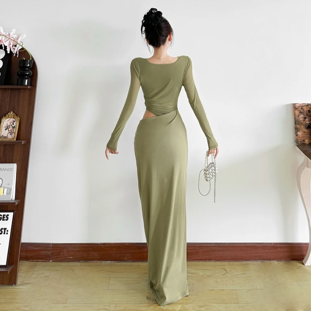 فساتين طويلة أنيقة مكشكشة من SylCue للسيدات، رقبة منخفضة وأكمام طويلة، تصميم مجوف بدون خصر، تصميم عصري غير رسمي