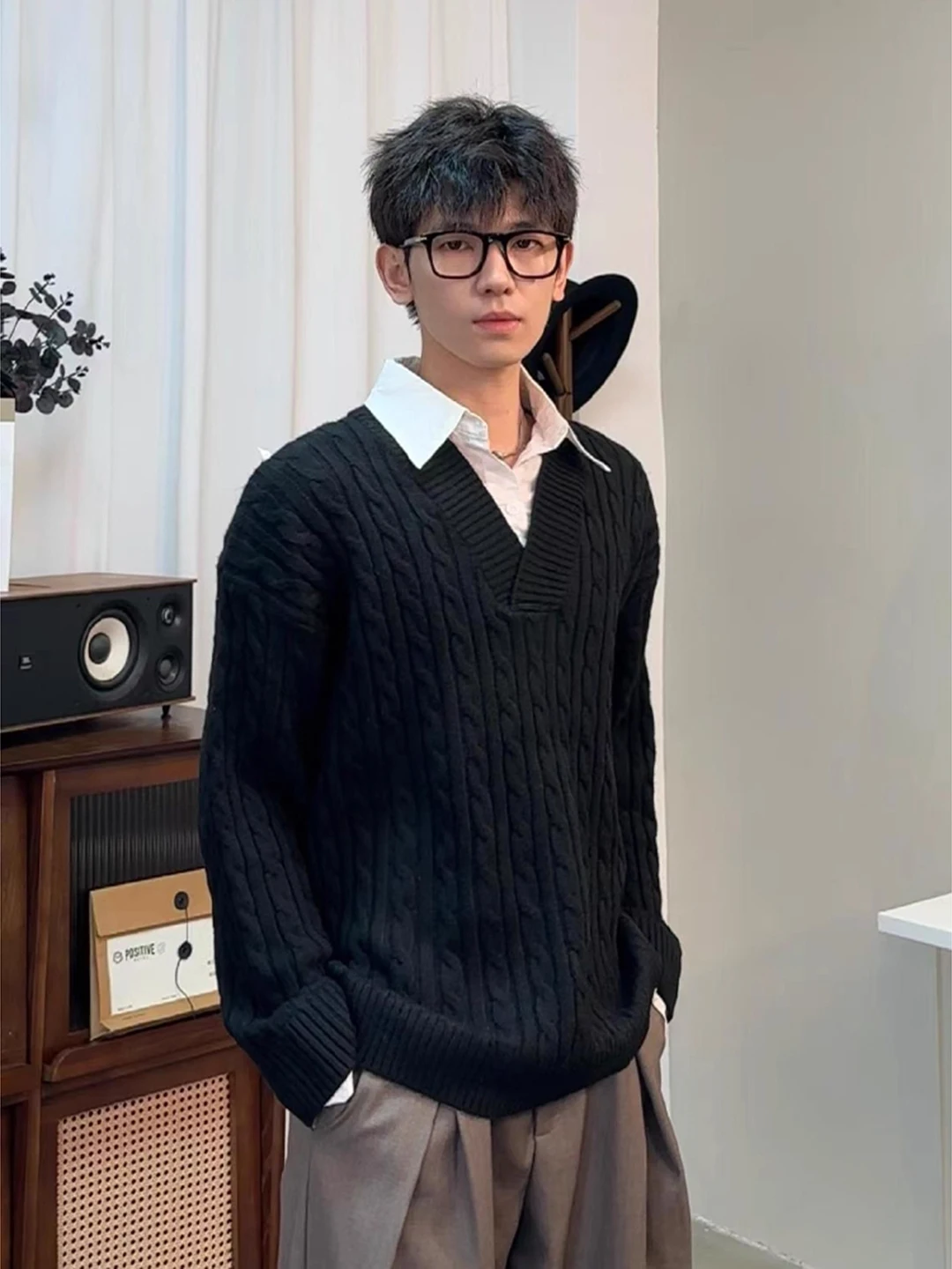 

Men's Knitted irt Collar Sweater Bla Fake Two-Piece Winter Warm Long Sve ort Length CleanFit Sle Inner Wear Base L...