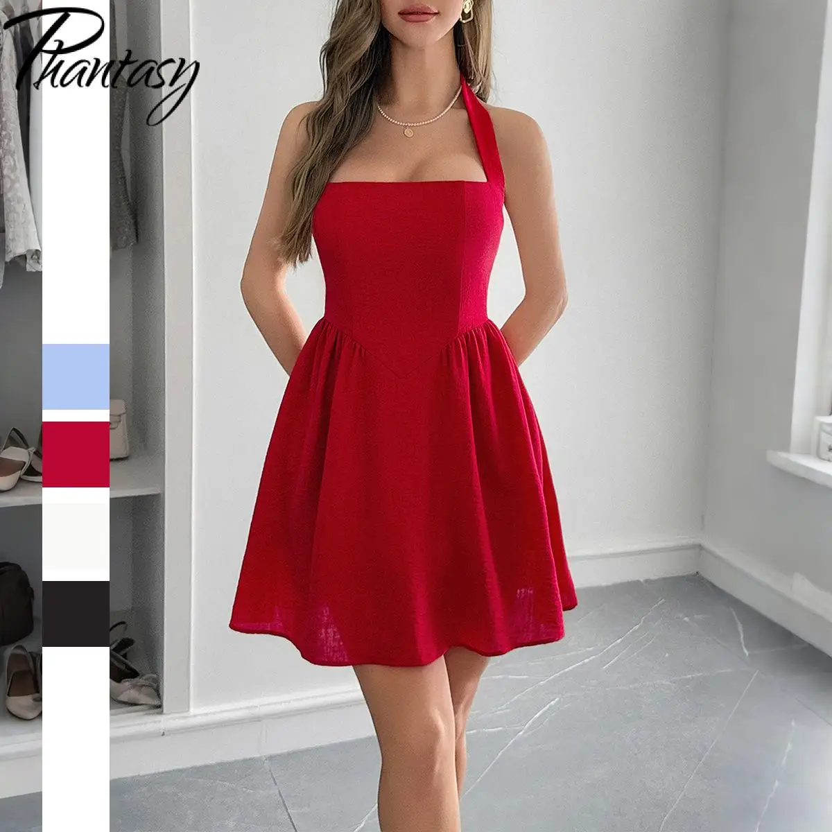 

Sexy Elegant Women Chic Backless Halter Black Dress A-Line Hem Lace Up High Waisted Female Beach Black Bodycon Dress
