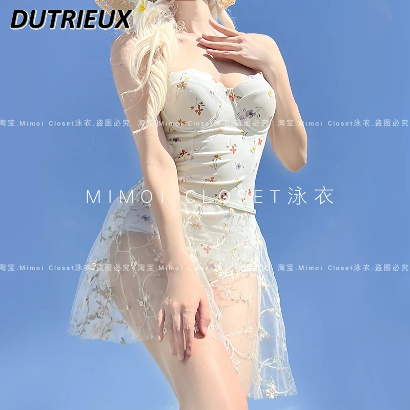 Sweet Girls Print Vacation Seaside Spa One-piece Suspender Swimsuit and Gauze Skirt Gathering Swimwear Bathing Suit for Women