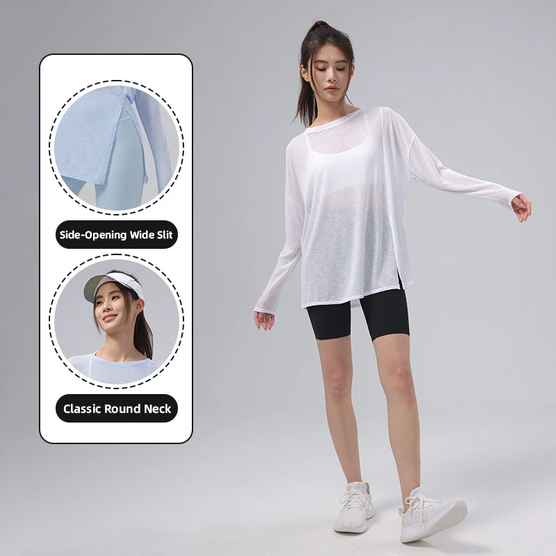 Women's Long Sleeve Loose-Fit Side Slit Yoga Cover-Up Shirt Sexy Round Neck Breathable Quick Dry Pilates Running Lounge Clothes