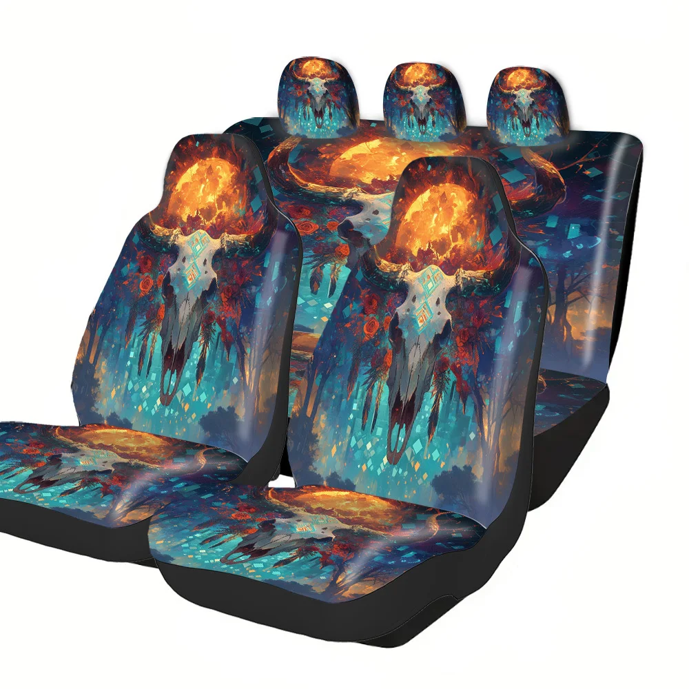 2-5 Seat Set Car Seat Covers Breathable Premium Fit For Truck SUV Off-road Car Bull Head Moon Design Festive Halloween Christma