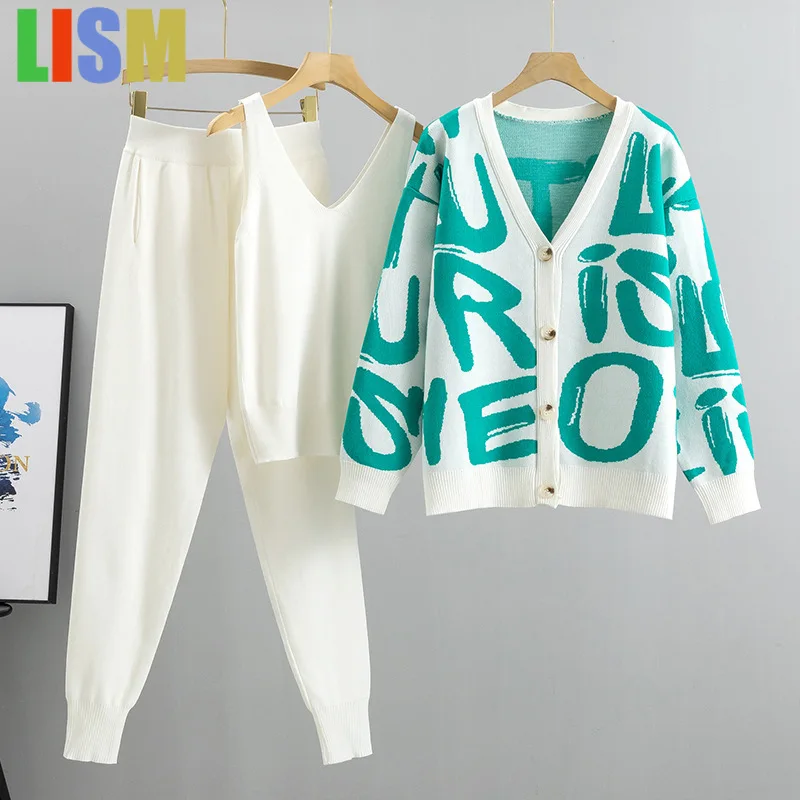 

LISM winter woman outfit slimming letter knitted suit for women's autumn and winter casual women's wear three piece set