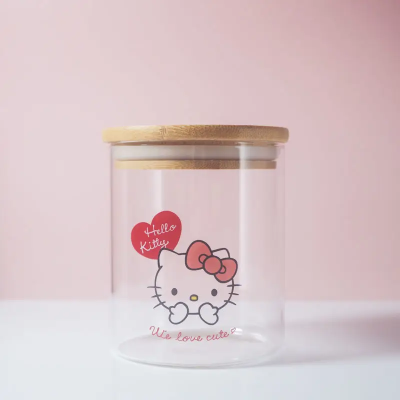 

Hello Kitty Anime Kawaii MINISO Ins Glass Sealed Jar Cute Cartoon Kt Cat Candy Storage Bottle Case Lovely Gifts for Girls