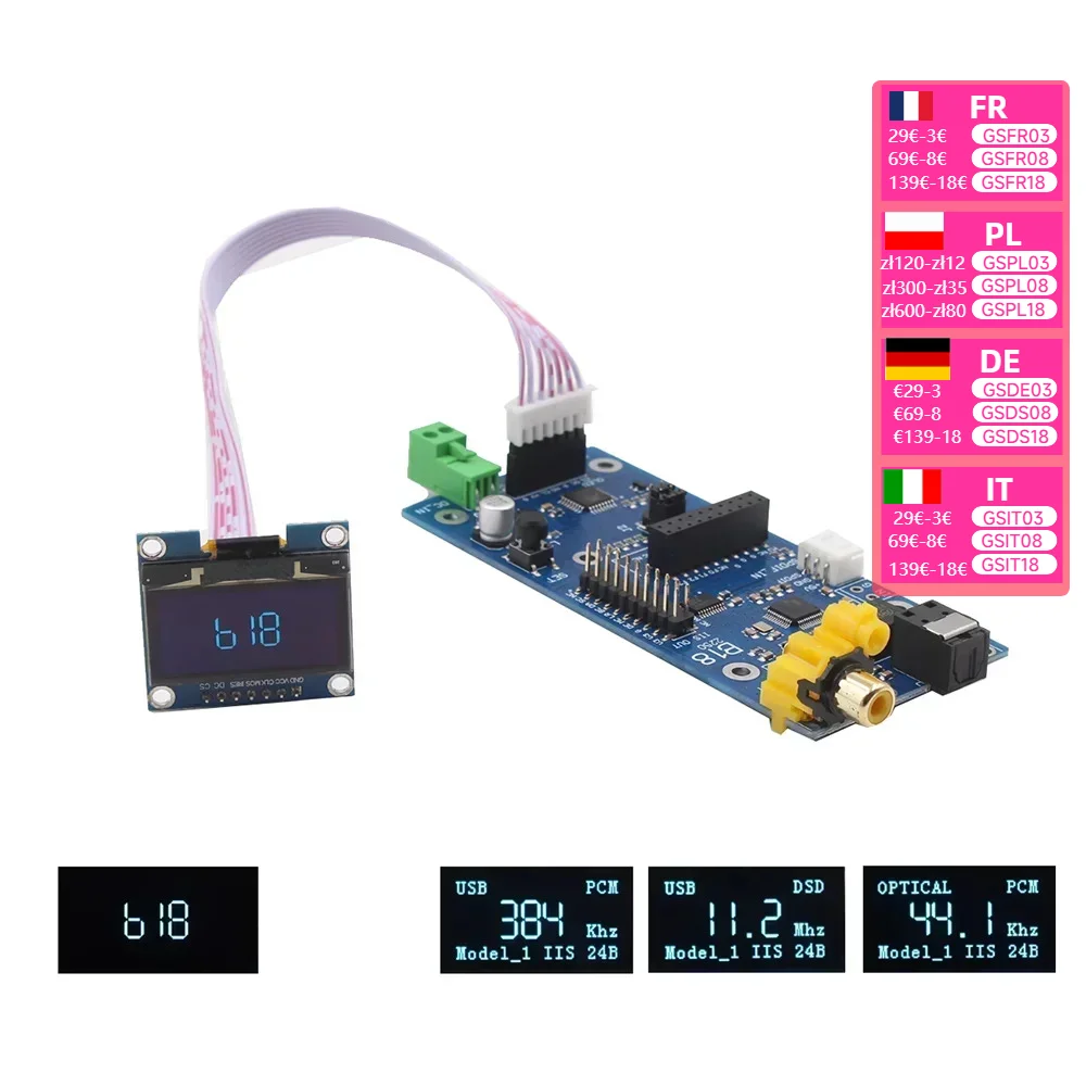 Nvarcher 동축 섬유 수신기 보드, OLED 디스플레이 원격 제어, IIS 지지대 XMOS/Amanero USB, AK4118