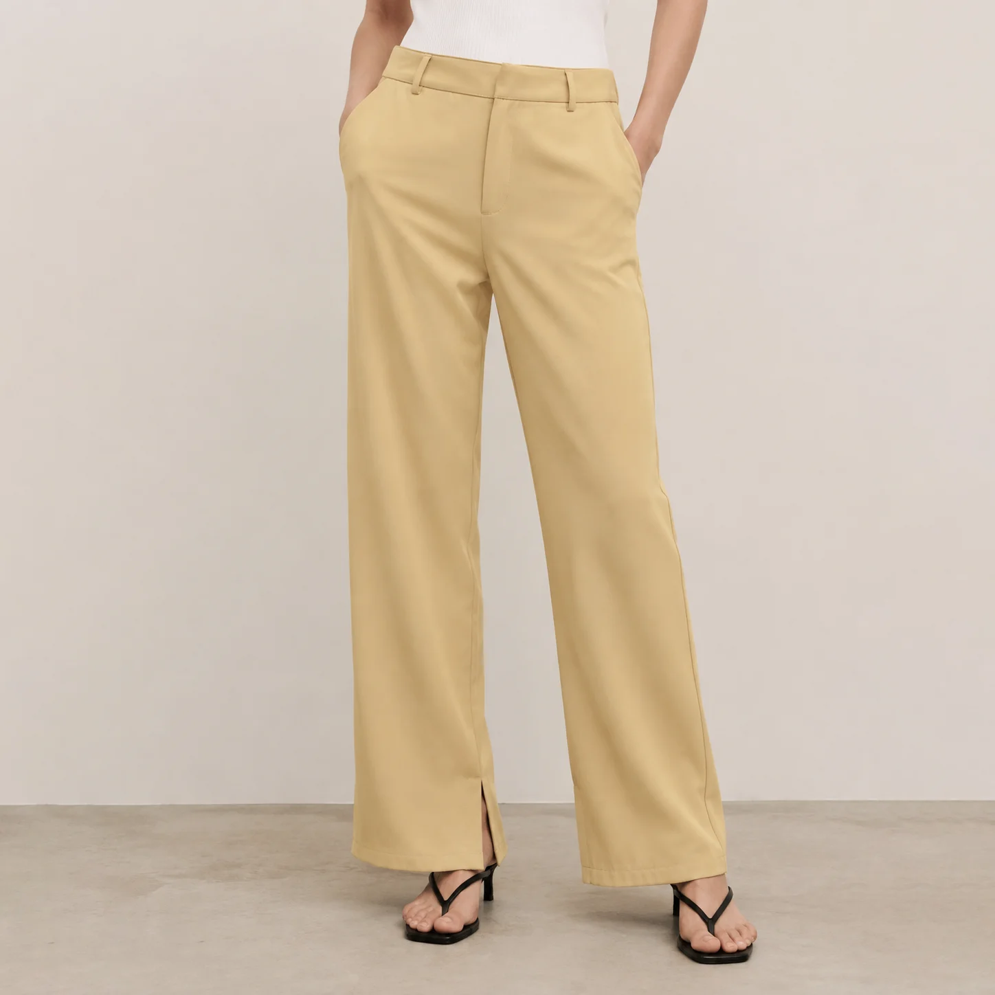 Women Khaki Trousers Split Design Straight Long Pants for Office Lady Full Length Female Chic Lady Trousers