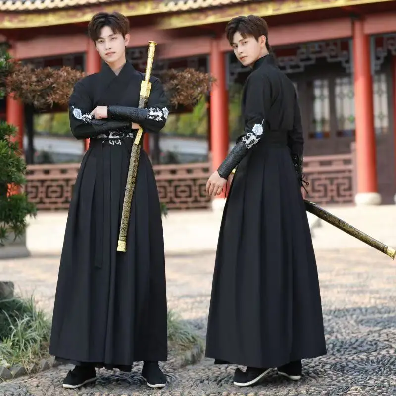 

Ancient Mens Black Hanfu Dress Traditional Chinese Cross Collar Costume Stylish Cool Swordsman Cosplay Stage Performance Outfit