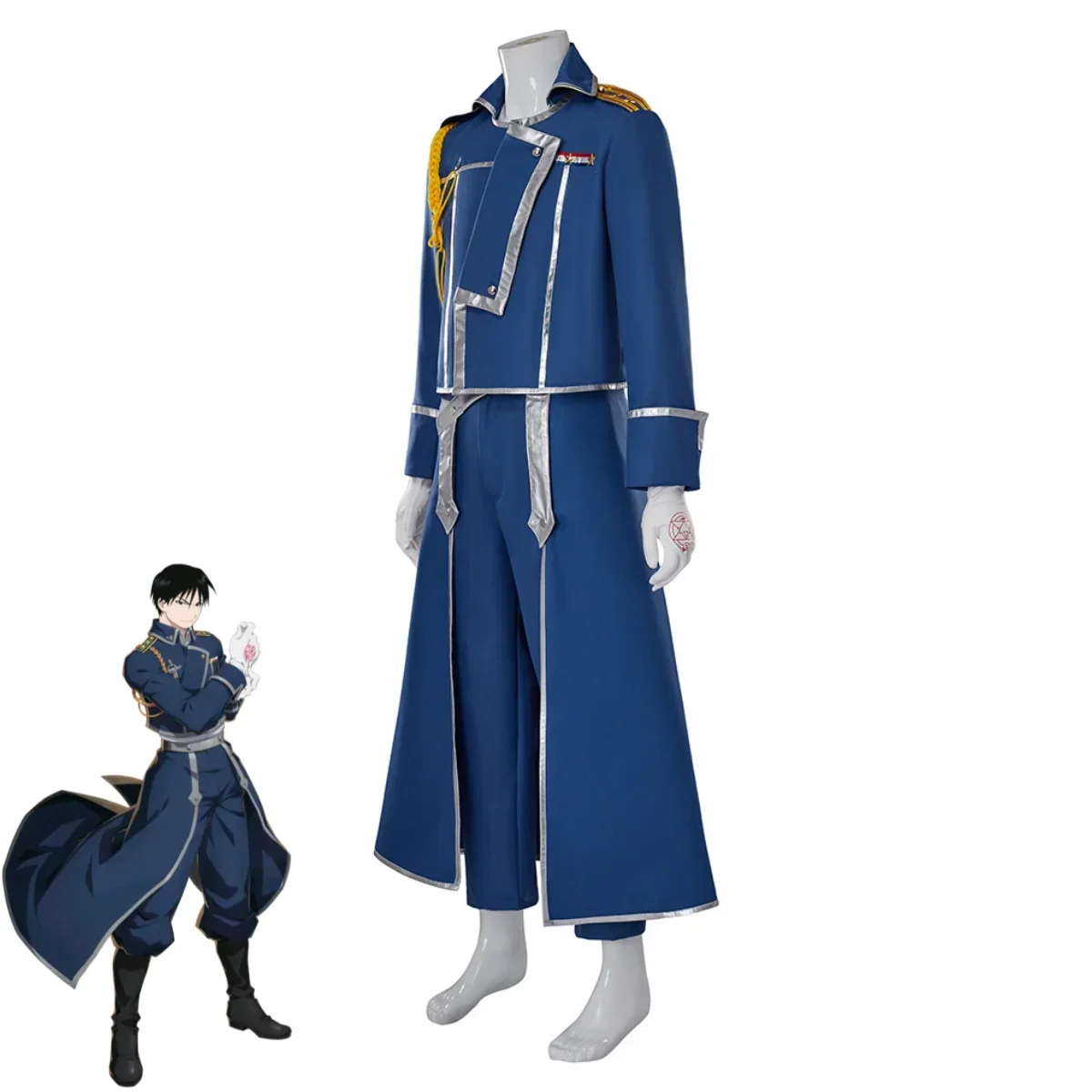 أنيمي Fullmetal الخيميائي روي موستانج تأثيري حلي الأزرق القتال الزي العسكري معطف شعر مستعار الكبار رجل هالوين كرنفال البدلة