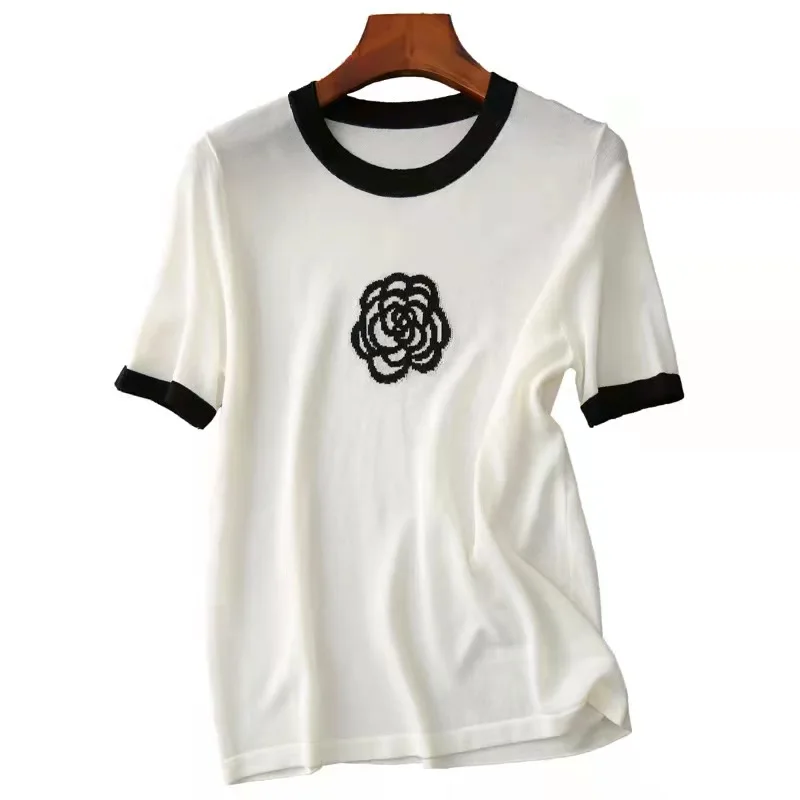 Spring And Summer High Quality Cotton Contrast Color Round Neck Camellia Female Embroidery Short-Sleeved T-Shirt Knitted Top