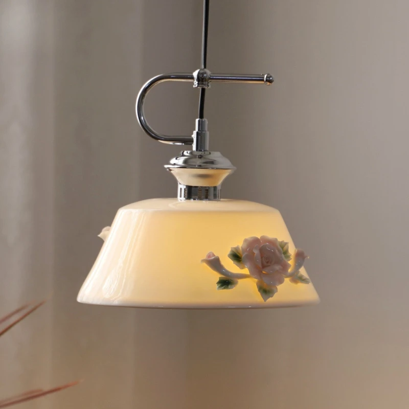 French Handmade Flower Sculpted Chandelier Vintage Ceramic Pendant Light for Bedside Dining Room Living Room Home Decor Lighting