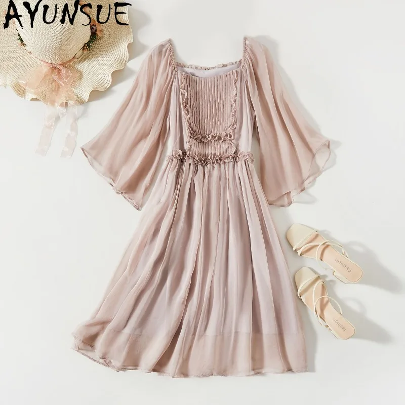 AYUNSUE 100% Seidenkleider für Damen Stilvolle Sommerkleider mit Flügelärmeln Einfarbiges Strandkleid 2026 Damenmode Robe Femme