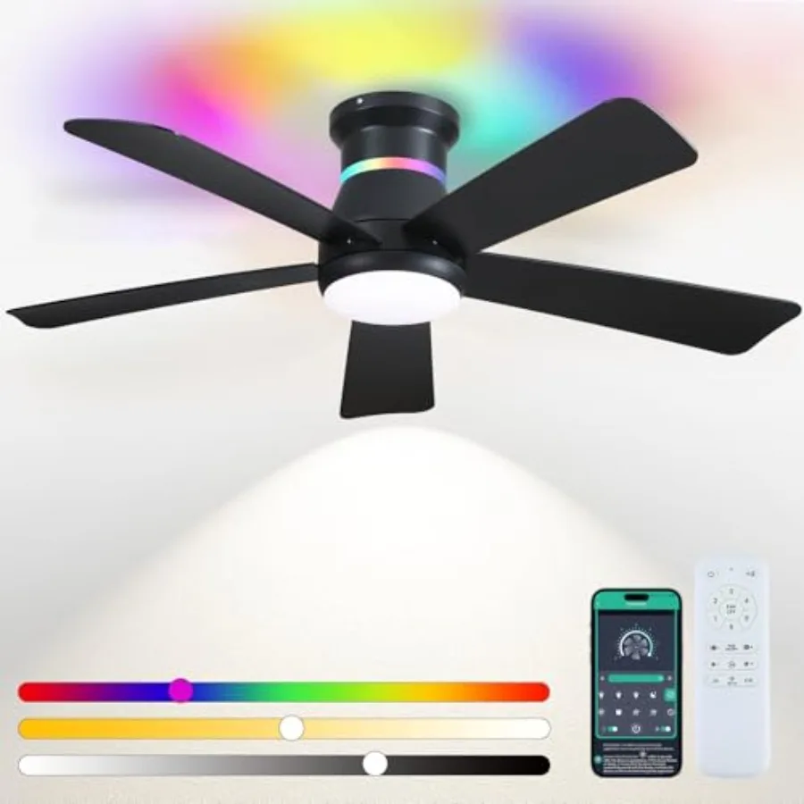 

46" Black Ceiling Fans with RGB Lights - Flush Mount Ceiling Fan Light with LED 3CCT Dimmable Modern Low Profile Ceiling Fans f