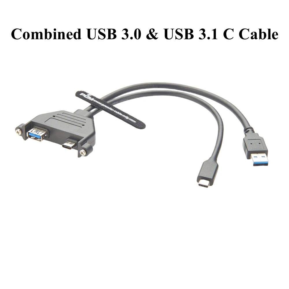 Dual Ports USB 3.0 and USB Type C 3.1 Male to Female Extension Cable 10Gbps Combo Screw Flush Panel Mount Charging & Data Cable