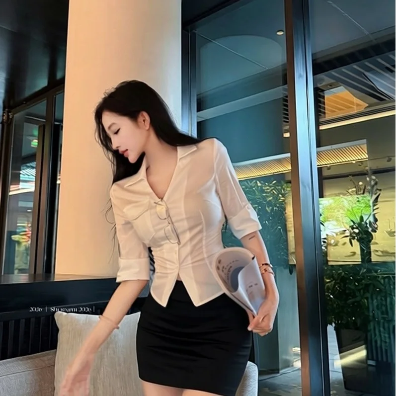 

Slim Fit Shirt And High Waist Skirt Set with Turn-down Collar Five-quarter Sleeves Korean Style Women's Summer Outfit