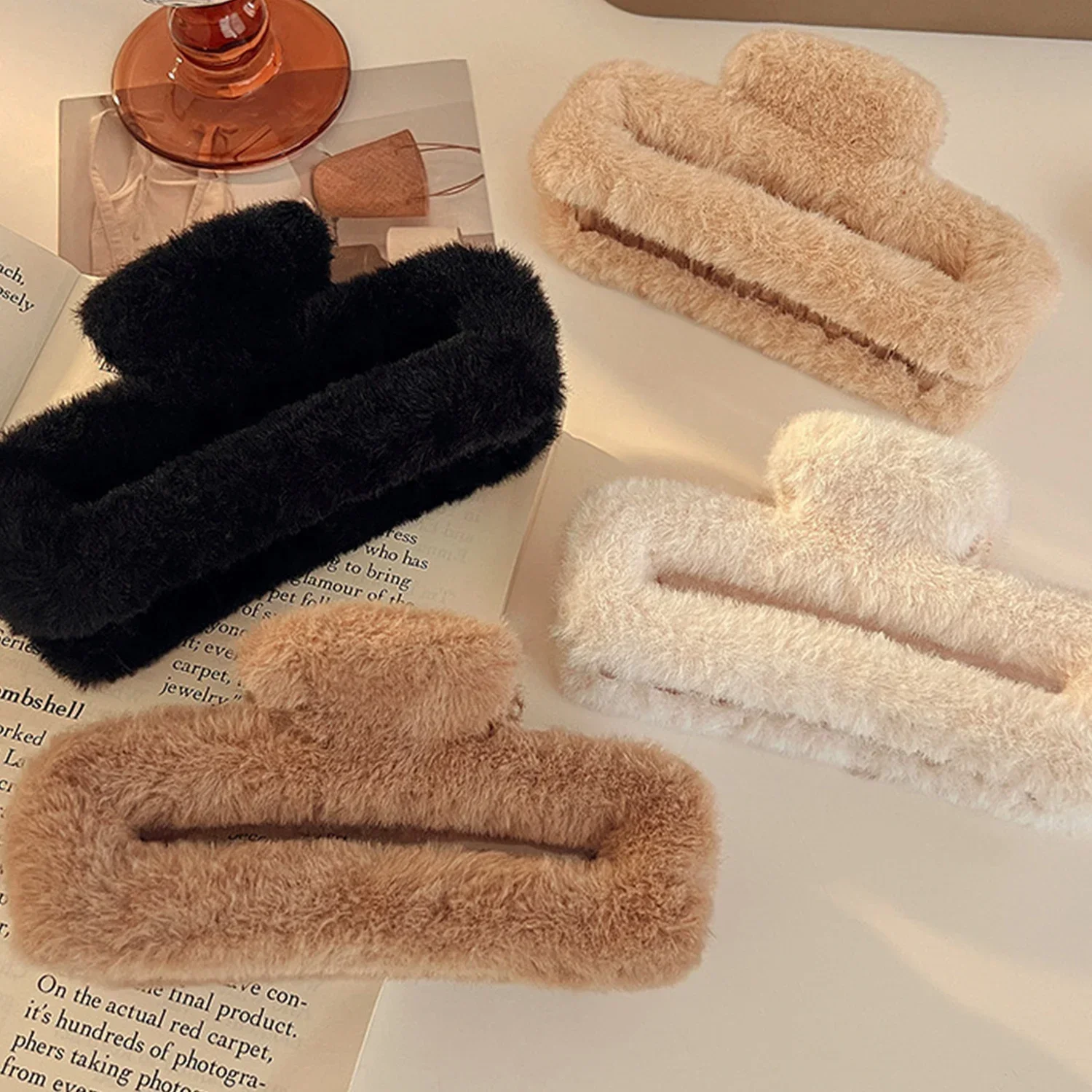 New Square Candy Color Faux Fur Hair Claw Clips Large Hollowed Rectangle Plush Shark Clip Grab Girls Women Hair Accessories 11cm