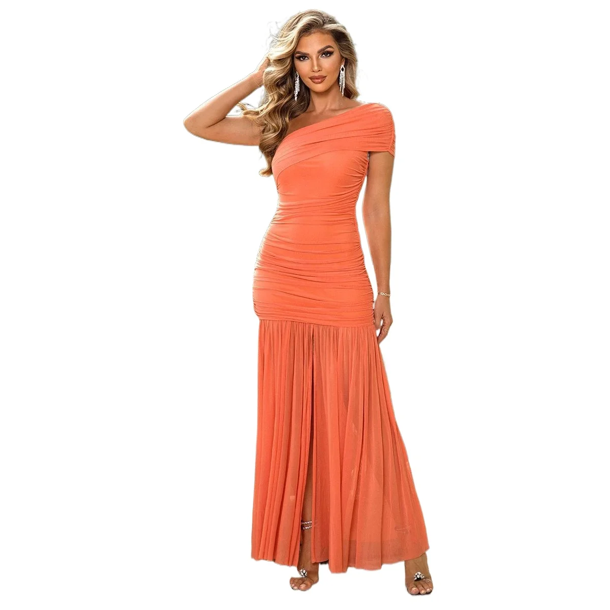 

Elegnat One Shouder Ruched Pleated Split Long Solid Color Dress
