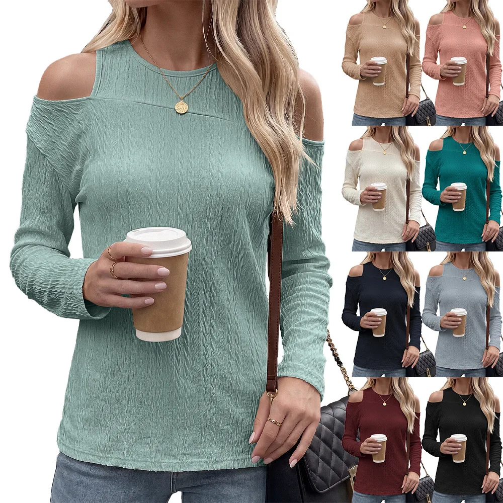 2026 Autumn Winter Shirts Women Fashion Off Shoulder O-Neck Long Sleeve Blouse Casual Solid Colors Loose Pullover Female Tops