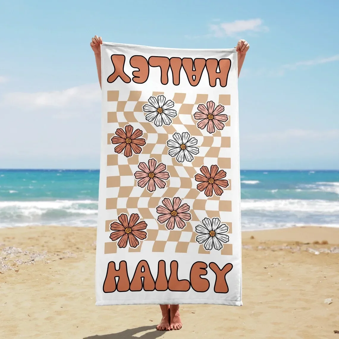 

Colored checkered Flower Name Towel, Microfiber Font, Personalized Beach Towel, Bath Towel, Swimming Pool Beach Name Towel, Bat