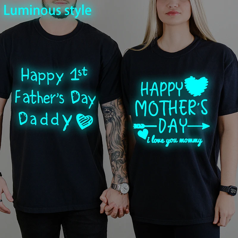 

Papa Mama "Happy 1st Mother's/Father's Day" Print T Shirt for Women Men Sweet Honeymoon Y2K Tops Luminous Style Vintage Tshirts