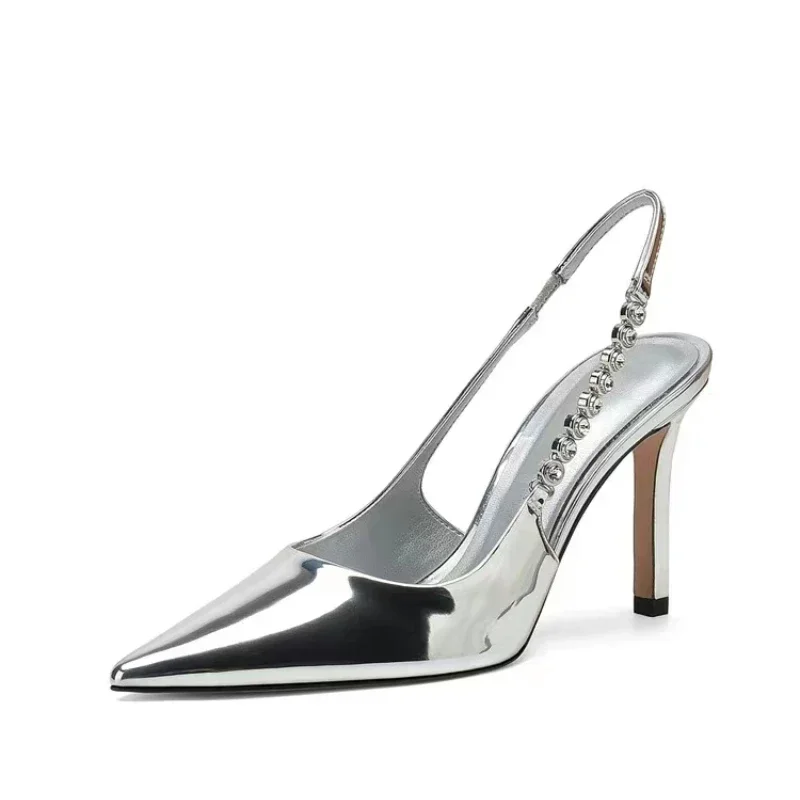 Dames Schoenen Te Koop 2023 Nieuwe Slingbacks Vrouwen Pumps Sexy Puntige Hoge Hakken Zilver Lederen Feestspumps Elegante Jurk Schoenen