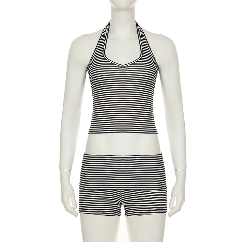 

Women 2-Piece Summer Outfits Striped Print Backless Halter Neck Tops and Elastic Shorts Casual Matching Set