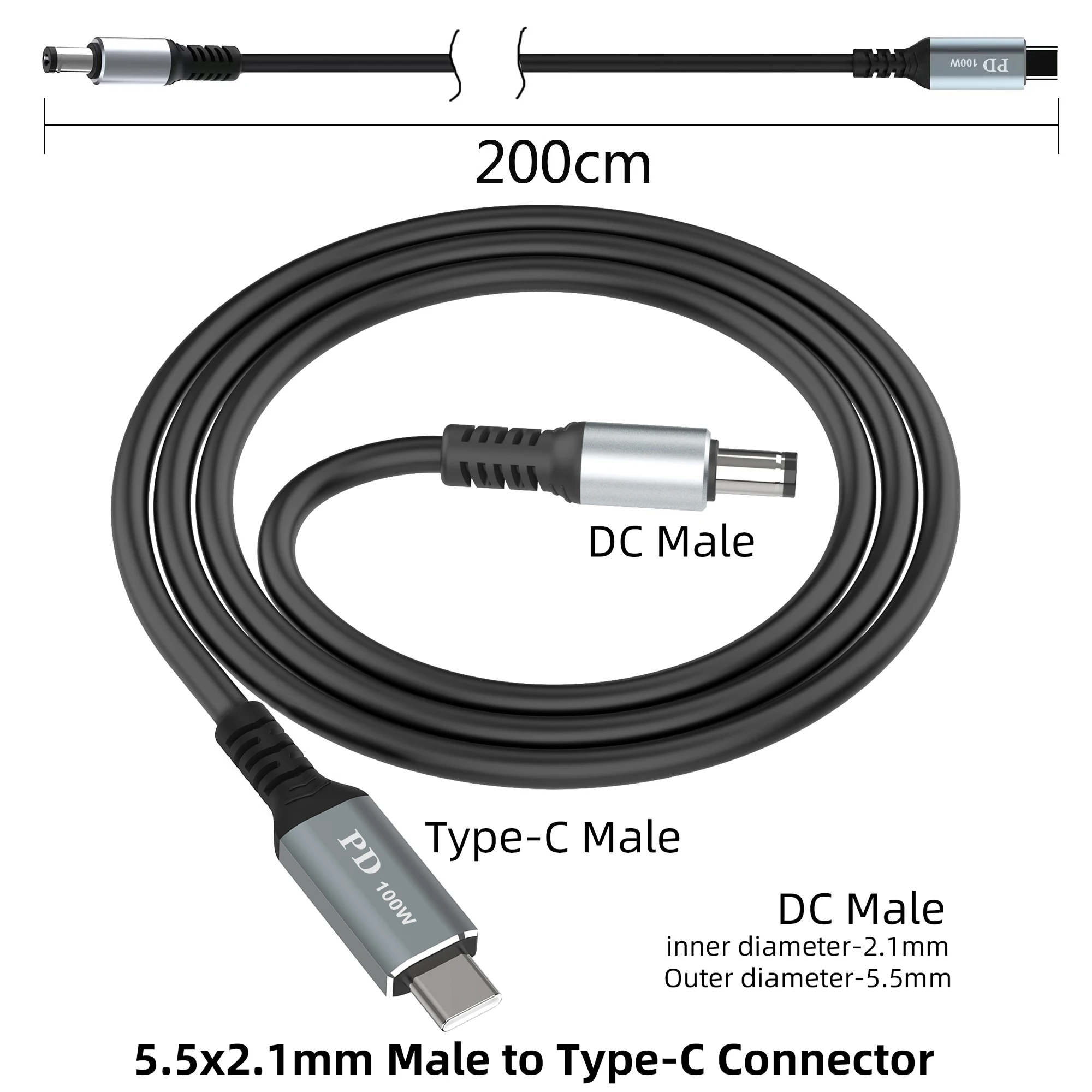 (2m) USB C to DC 5.5mm x 2.1mm Laptop Power Charging Cable (5521), 20V USB Type C Male Input to DC 5521mm Male Cable Up to 100W