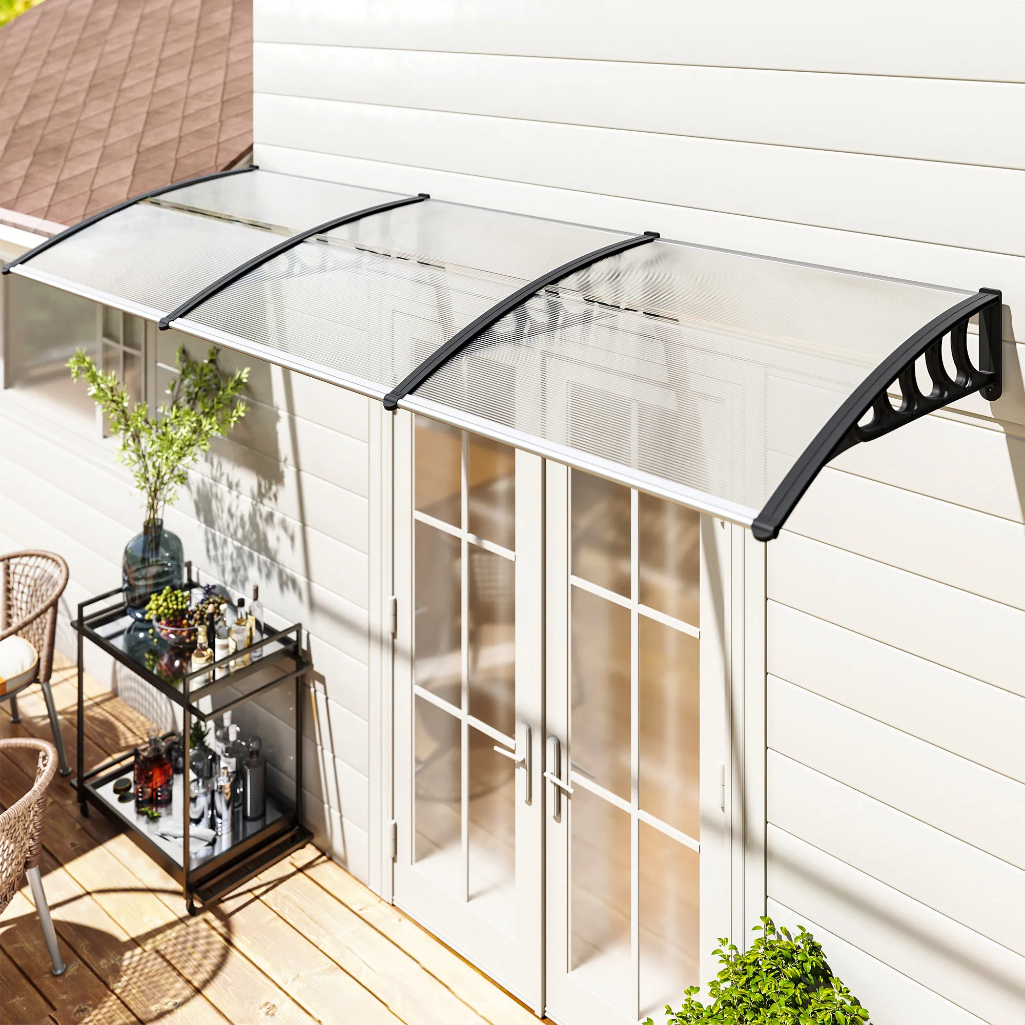 Toldo para puerta Outsunny, toldo para puerta delantera de policarbonato, techo protector con borde de aluminio duradero contra lluvia, nieve y rayos UV, 303x96x27 cm, transparente
