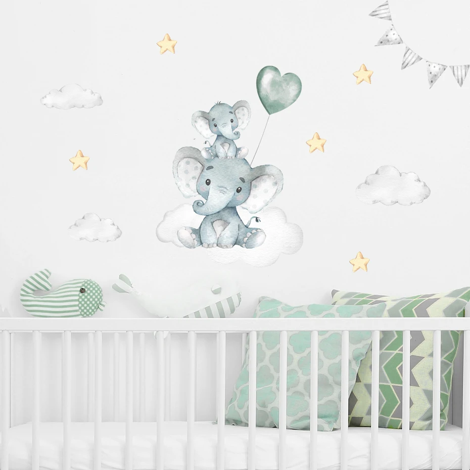 Pegatinas de pared de elefante, Luna, estrellas, azul y verde, calcomanías de pared extraíbles para guardería, carteles artísticos, decoración