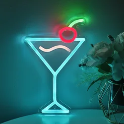 1PC Ice Blue Cocktails With Cherry Creative USB Powered LED Wall Neon Sign For Pub Club Party Event Decoration 6.42''*9.88''