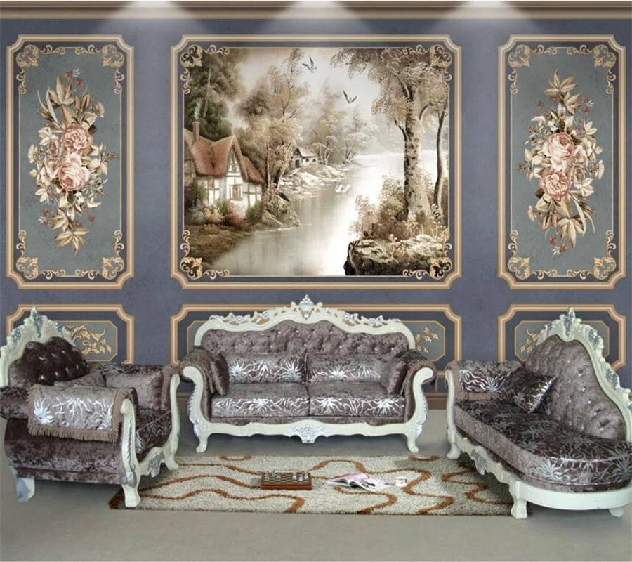 

Custom wallpaper 3d photo mural European blue noble retro art living room sofa TV background plaster line decorative mural обои