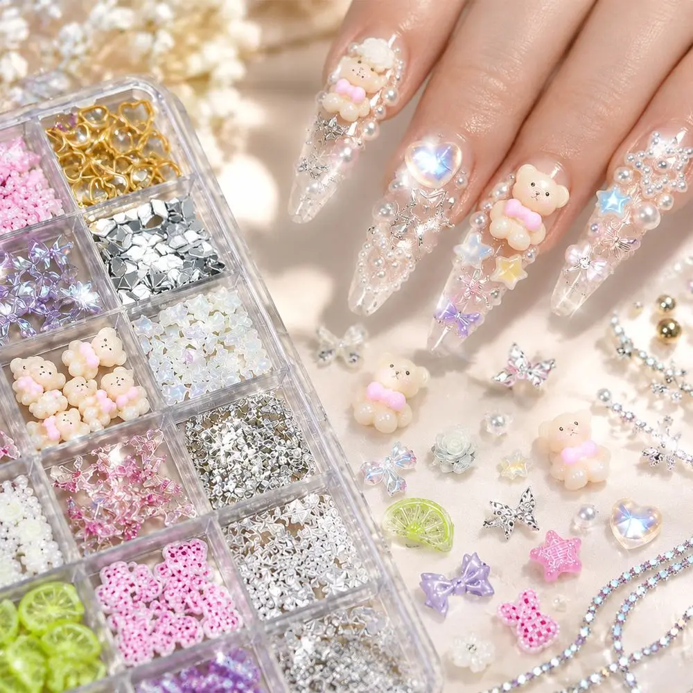 24Grids Festive Nail Decor Set Sparkly Rhinestone Pearl Bow Flower Star Chain for Holiday Party DIY Manicure Nail Art Decoration