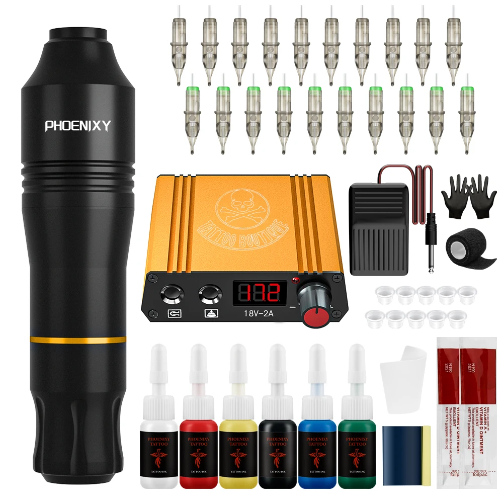 

Phoenixy Professional Tattoo Machine Kit Rotray Tattoo Pen With Power Supply Permanent Makeup Ink Cartridge Needles Tattoo Kit