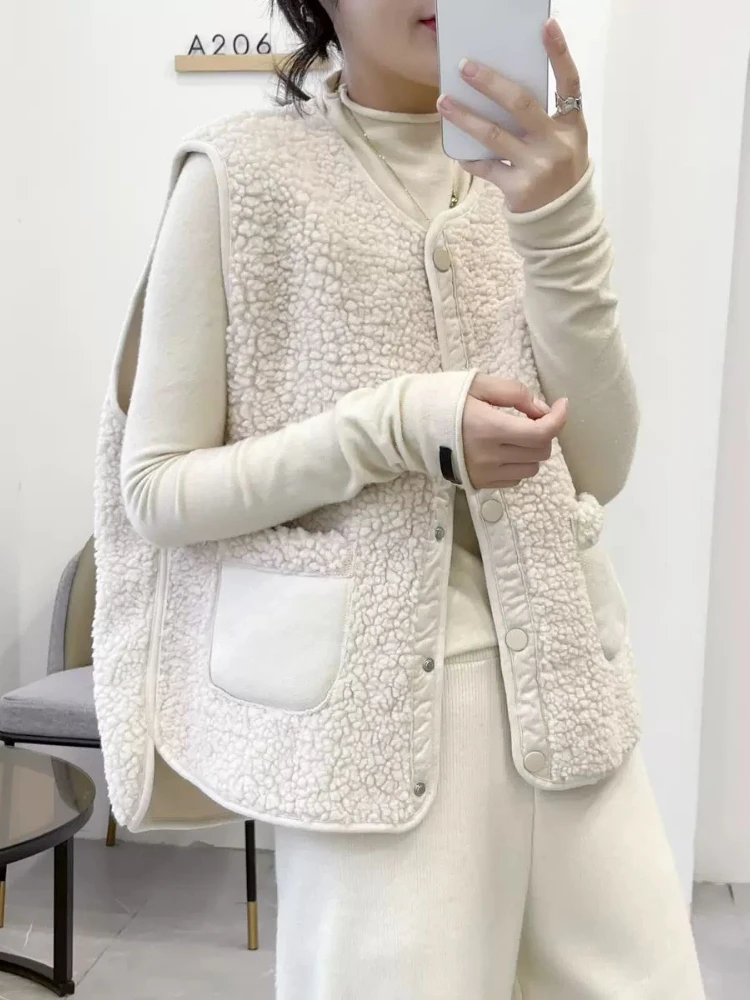 Lamb Wool Vests Autumn Winter Sleeveless Jacket Fleece Korean Women Clothing Warm Waistcoat Single-breasted Pocket Solid Coat