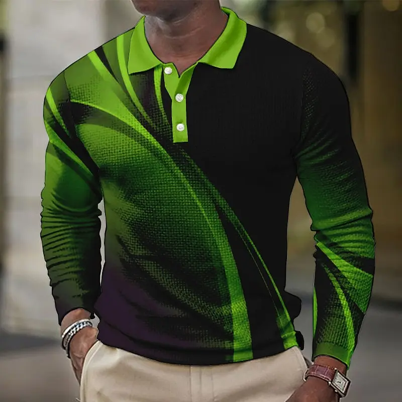 2025 Fall Winter Men's Geometic line Long Sleeve Polo Shirts Breathable Casual Tops Slim Fit Quick Drying Classic Collar