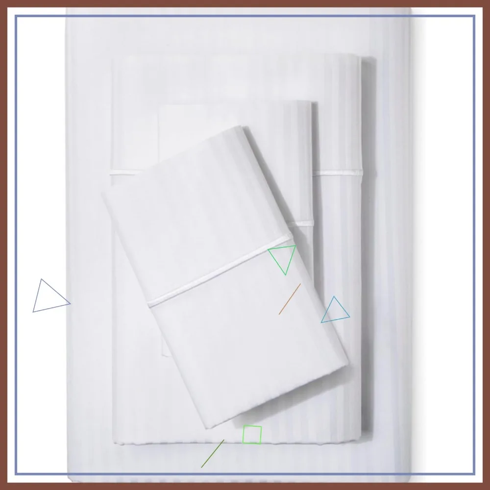 King Size 500 TC Cotton Bed Sheet Set, 4 Piece with Deep Pockets, Soft Breathable Sateen Weave in White Stripe