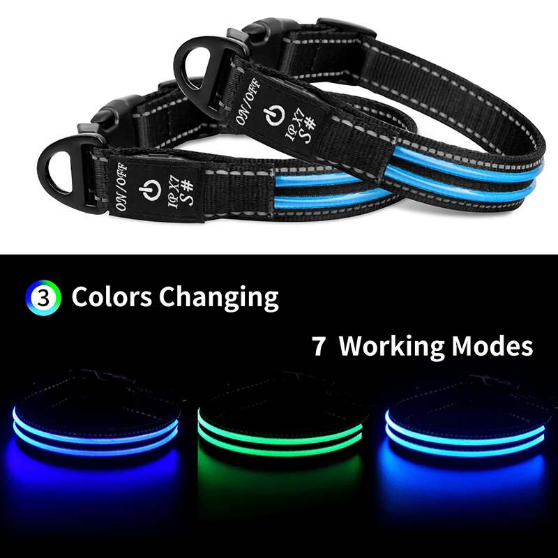 rechargeable LED Dog Collar Rainproof Nylon USB-C Luminous Dog Necklace 3 color 6 modes Light Up Pet Collars for Dogs