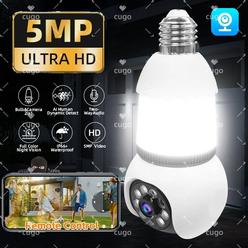 

5MP E27 Bulb WiFi Camera Two-way Audio LED Bulb Smart IP Camera Surveilance PTZ 8X Zoom Tracking Night Vision Wireless Cam