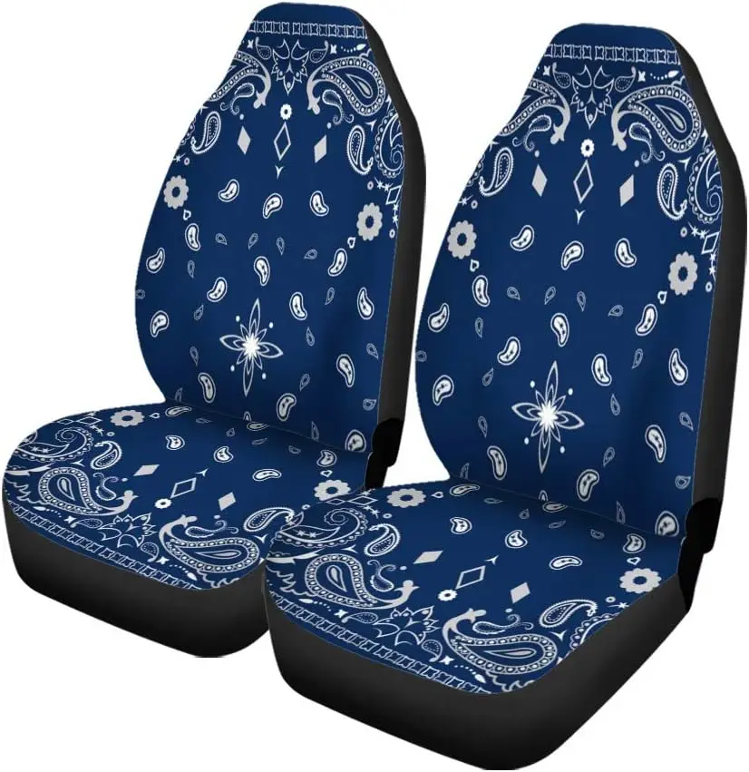 Car Seat Covers Colorful Scarf Blue Paisley Pattern Bandanna Border Floral Set of 2 Auto Accessories Protectors Car Decor