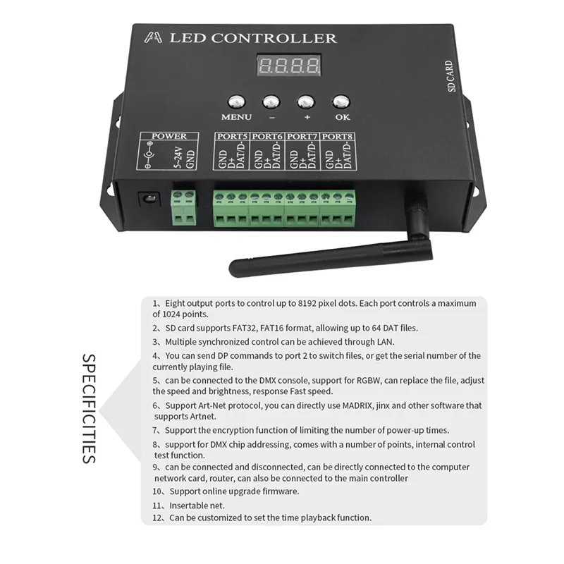 F-T Wifi LED Pixel Controller Artnet Naar SPI Ondersteunt Madrix Software LAN Synchrony SD-kaart DMX512 Console EU Plug