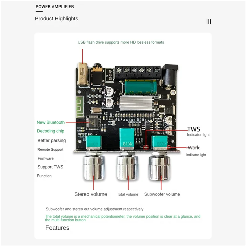 

-LT22 Bluetooth Audio Amplifier Board 2.1Channel 15W+15W+30W Subwoofer Digital Audio Power Amplifier Module