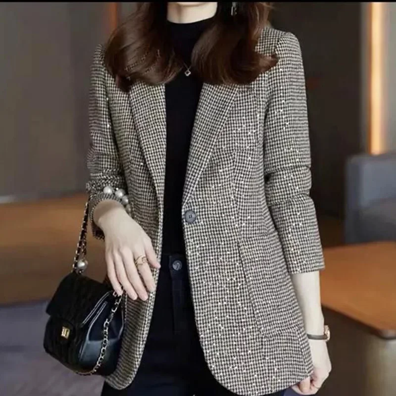 

Elegant Lapel Button Spliced Pockets Sequined Lattice Blazer Women's Clothing Autumn New Casual Tops Office Lady Blazers N187