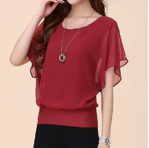 Women's Chiffon Top Short Sleeve Loose Fit Pure Color Batwing Sleeve Spring Summer Fashionable Casual round Neck Single Piece