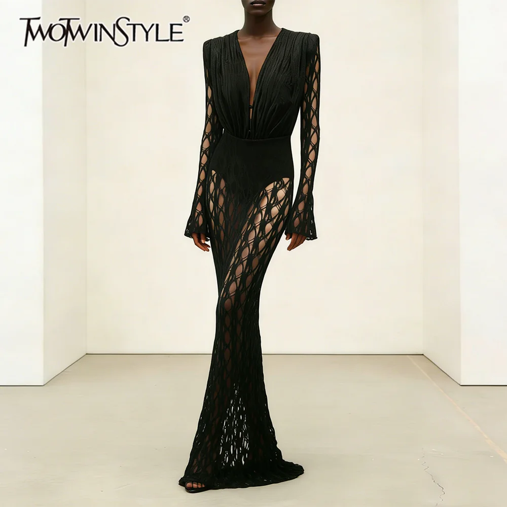 

TWOTWINSTYLE Solid Slimming Spliced Fold Sexy Dress for Women V Neck Long Sleeves Patchwork Hollow Out Dresses Female Fashio New