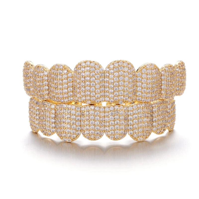 Full CZ Stones Teeth Grillz Caps Cubic Zircon Iced Out Micro Pave Top&Bottom Charm Grills For Men Women Jewelry