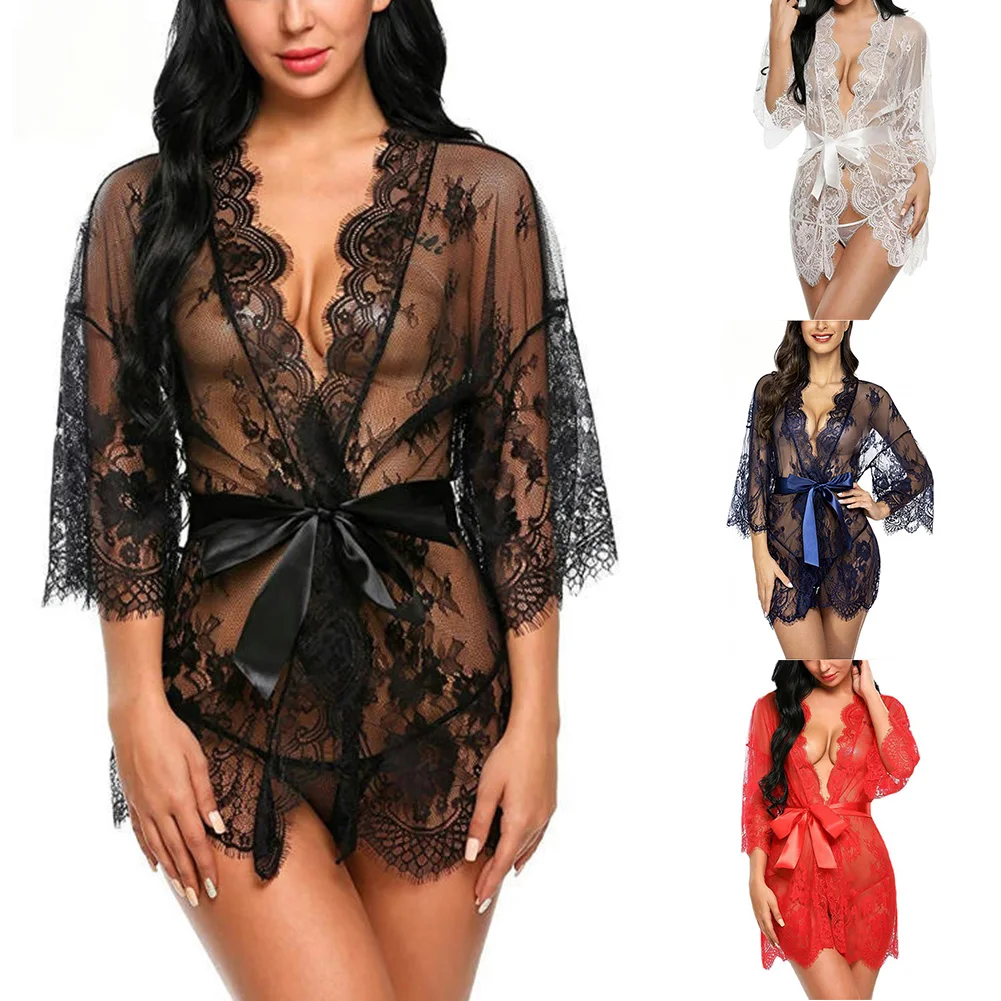 Women Sexy Pajamas Ultrathin Lingerie Lace Hollow Out Nightgown See Through Sleepwear Robe Kimono Gown Babydolls Erotic Apparel