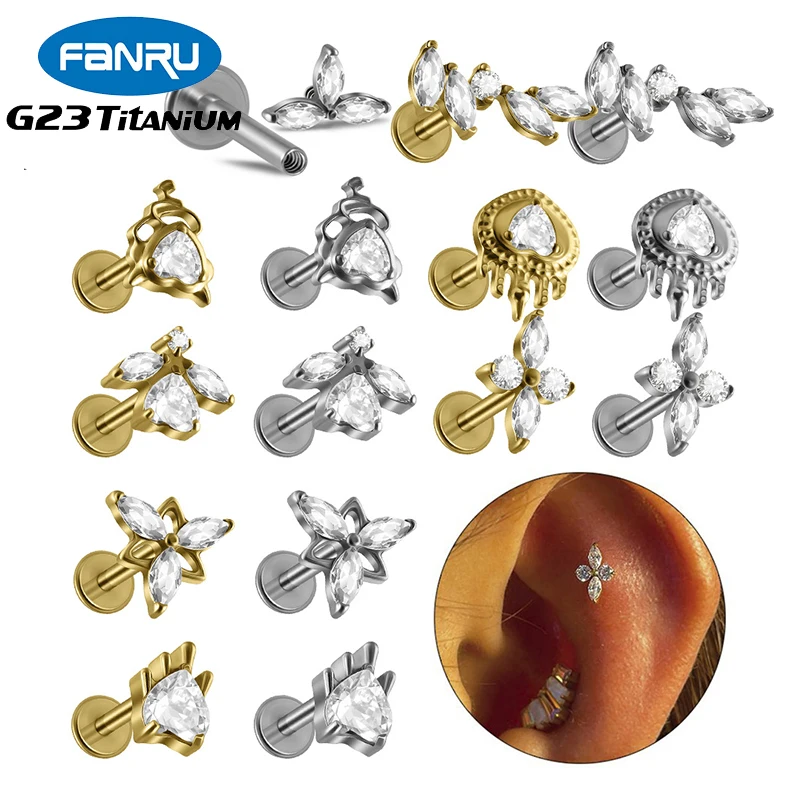 

2PC G23 Titanium Ear Studs Internal Thread Zircon Flower Leaf Cartilage Tragus Stud Flatback Helix Conch Lobe Piercing Jewelry