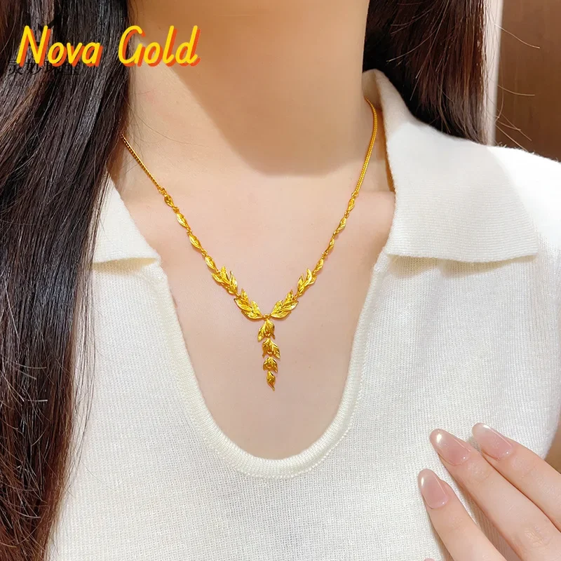 

NovaGlod 9999 ancient golden branch and jade leaf necklace happy leaf wheat ear 24K real gold clavicle chain wedding gift for gi