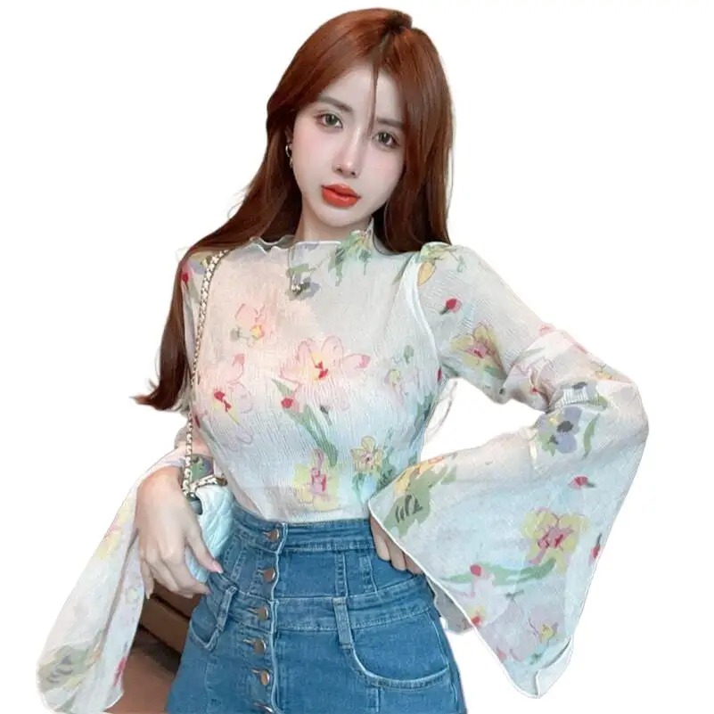 

Spring New Rayon Half High Collar Sweet Pink Print Long Flare Sleeve Tulle Slim Tops Lightweight Chic Bottoming Shirts Blouses